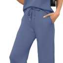 Saloogoe Two Piece Sets for Women Summer Outfits Lounge Sets V Neck Tops Wide Leg Pants Woman Vacation Travel Outfits (Large, Blue)