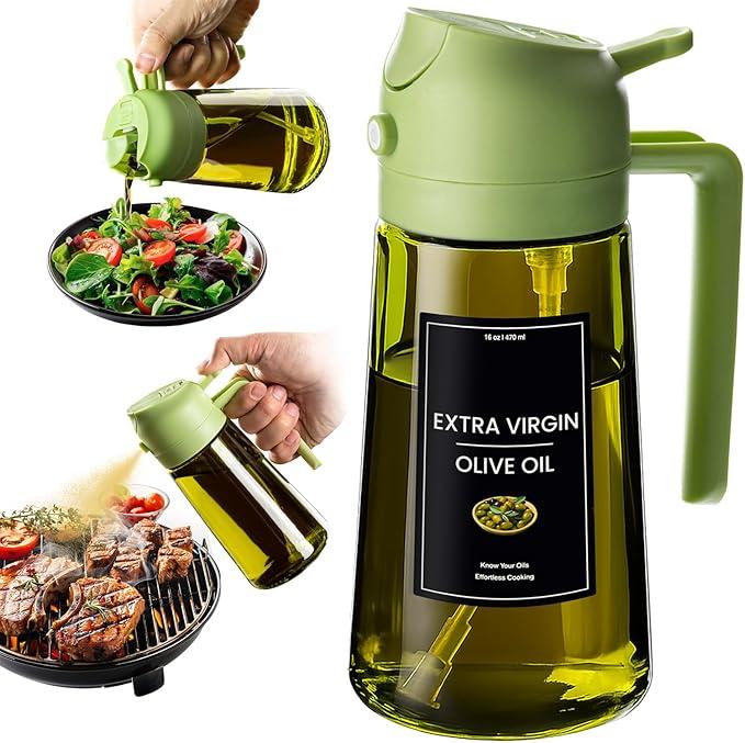 CXINYI - 16oz/470ml Olive Oil Dispenser for Kitchen with Stickers - 2 in 1 Olive Oil Sprayer for Cooking, Air Fryer, and Salad, Black&Green (Light-Proof Kitchen Gadget)