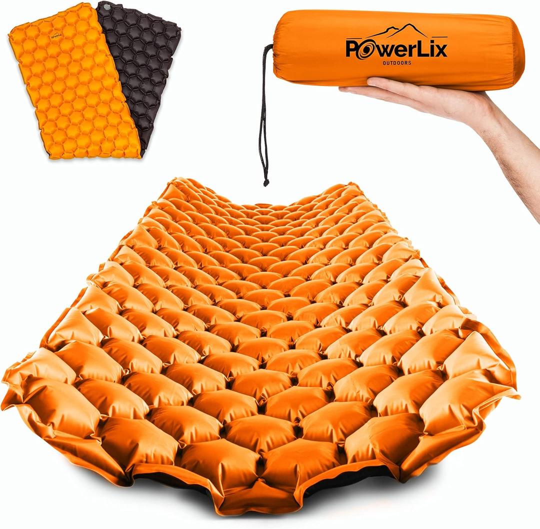 POWERLIX Ultralight Inflatable Camping Sleeping Pad - Camping Mattress for Backpacking, Hiking, Compact Lightweight Air Pad for Camping, Inflation Hand Pump Bag/Repair Kit Included (Orange & Black)