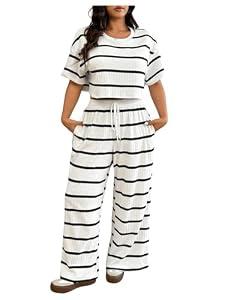 GORGLITTER Women's Plus Size Pajamas Set 2 Piece Floral Print Short Sleeve Tee with Long Pants Lounge Pj Sets Black and White Large Plus