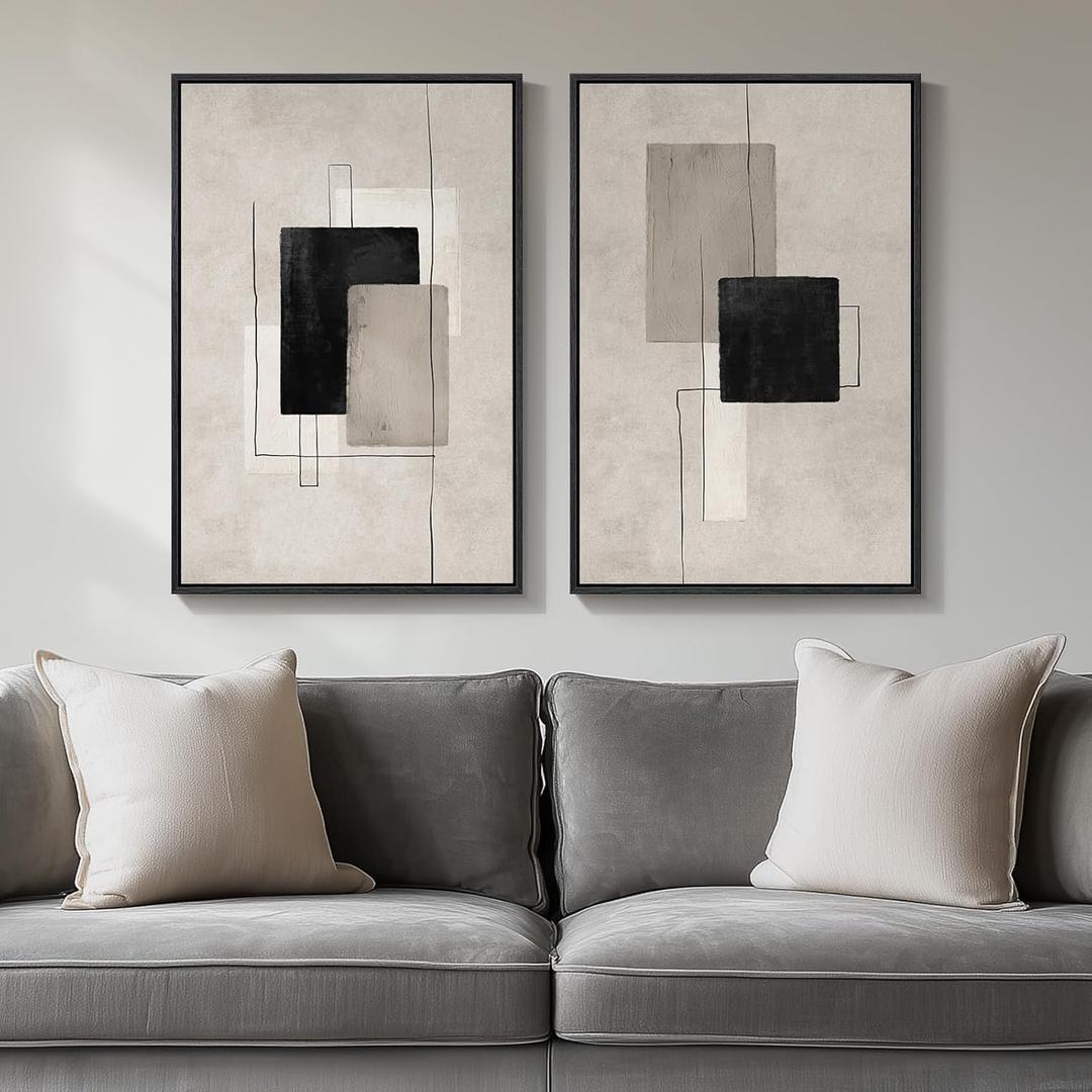 Framed Neutral Abstract Wall Art Set of 2, Black Beige Modern Canvas Prints Paintings Artwork for Walls, Minimalist Block Lines Pictures for Living Room, Dining Room, Bedroom Wall Decor 16x24 In (Minimalism)