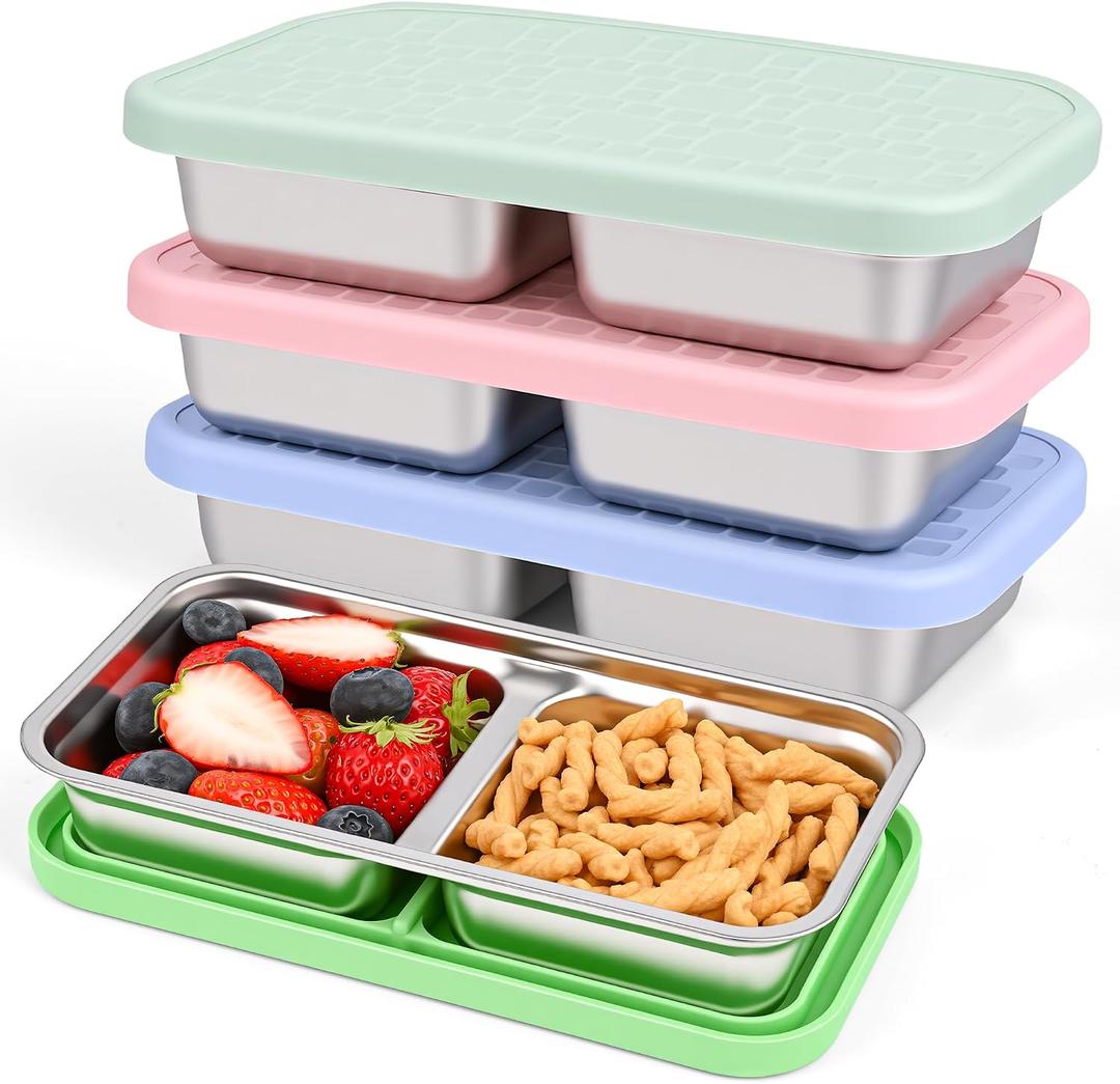 4 Pack Stainless Steel Snack Containers, Leak-Proof 2 Compartment Lunch Boxes with Silicone Lids, Reusable Metal Snack Box for Meal Prep, Travel, Outdoor & Daily Use (2 Compartments A)