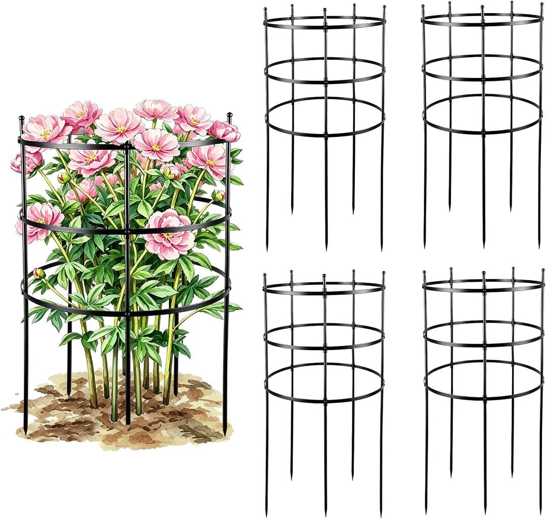 4 Set Titan Peony Plant Support Stakes Black Metal Peonies Cages 17.7" D x 35.4" H Tomato Cages Rings Sturdy Garden Plants Support Trellis for Climbing Plants