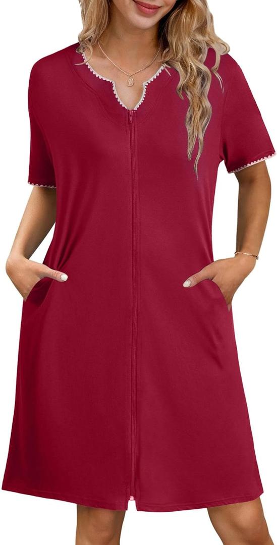 Ekouaer Zipper Robes for Women Knee Length Bathrobe Lightweight Housecoat Short Sleeve Nightgown with Pockets S-3XL (Medium, Wine Red With Pink)