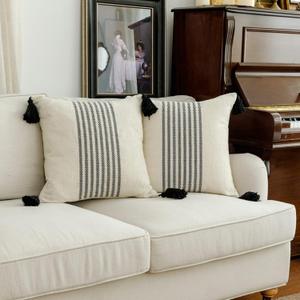 IKATYARN 18 x 18 Inches Pack of 2 Boho Black and Off White Embroidery Striped Throw Pillow Cover, Soft Chenille Pillowcase with Tassels, Modern Farmhouse Decor Cushion Cover for Couch Sofa Bed