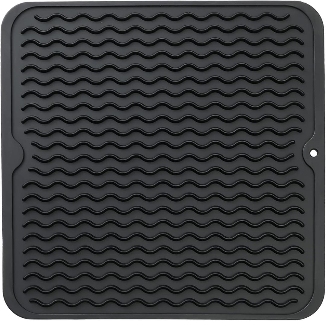 Silicone Dish Drying Mat for Multiple Usage,Easy clean,Eco-friendly,Heat-resistant Silicone Mat for Kitchen Counter or Sink,Refrigerator or Drawer liner Black M 12 inches x 12 inches