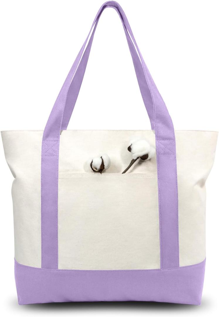 TOPDesign 1-Pack Canvas Tote Bag with an External Pocket, Reusable Grocery Shopping Bag, Top Zipper Closure, Daily Essentials (Lavender/Natural)