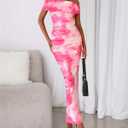 BTFBM Cocktail Dresses for Women 2026 Elegant Classy Off Shoulder Bodycon Mesh Slit Floral Maxi Spring Summer Dress (XL)