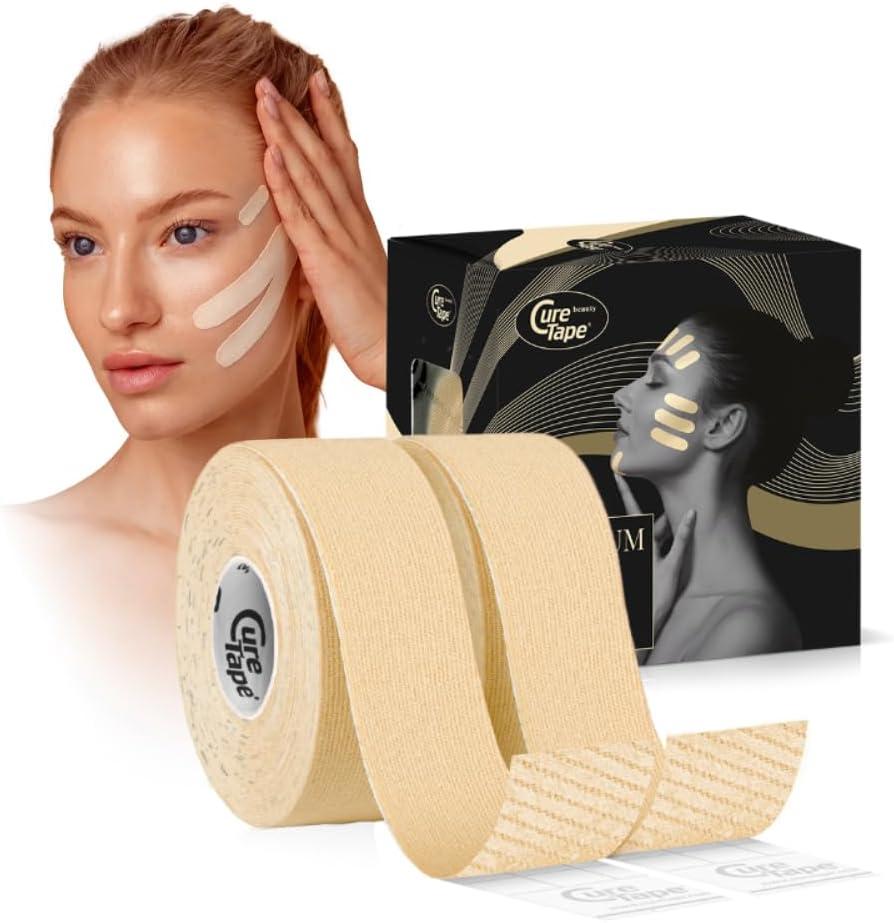 CureTape Beauty Kinesiology Tape | Anti-Wrinkle Face Tape | Face Lift Tape for Toning, Firming & Tightening The Skin | Kinesiology Tape for Face | Soft on The Skin (1'' X 16', 2 Pack)