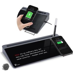 TOWON Glass Desk Whiteboard with Wireless Charger, Desktop Dry Erase Board with Storage & Phone Stand Compact ~16 x 7 in, Black Includes Marker & Eraser, Tempered Glass, Rewrite Reusable