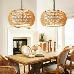 2 Pack Boho Rattan Chandelier for Dining Room 5-Lights Farmhouse Chandelier, 19 Inch-round-2pc