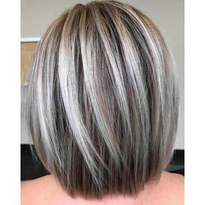 RENERSHOW Medium Length Bob Wig with Bangs for White Women Layered Blonde Balayage Bob Straight Hair Wig Natural Synthetic Hair Replacement Wig Ombre Platinum with Brown Wig