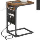 TUTOTAK C Shaped End Table with Charging Station, Side Table for Sofa, Couch Table with Storage Bag, TV Tray with 2 USB Ports and Outlets for Living Room, Bedroom, Brown TB01BB024
