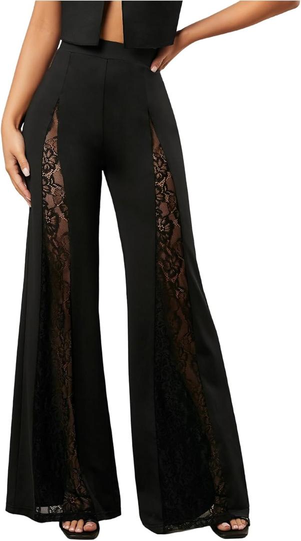 Verdusa Women's Lace Pants Flared Elegant Floral High Waisted Bell Bottoms Trousers, Small, Black