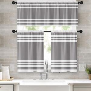 Light Grey Kitchen Window Curtains Valance and Tier Set 36 Inch, Gray Striped Abstract Rod Pocket Short Tier Curtain for Bathroom, Modern Small Cafe Drapes for Kitchen Decor