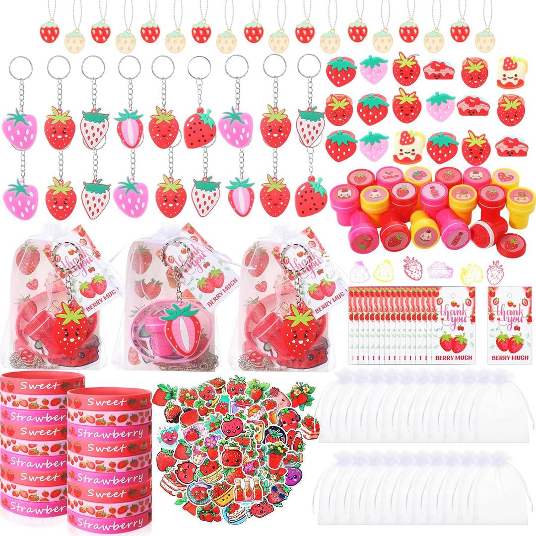 Landical Strawberry Party Favors Pendant Keychain Silicone Ring Bracelet Bubble Sticker Party Tags Gift Bag Stamper for Baby Shower Kid Girls Berry Birthday Supplies(194 Pcs,Cute Strawberry)