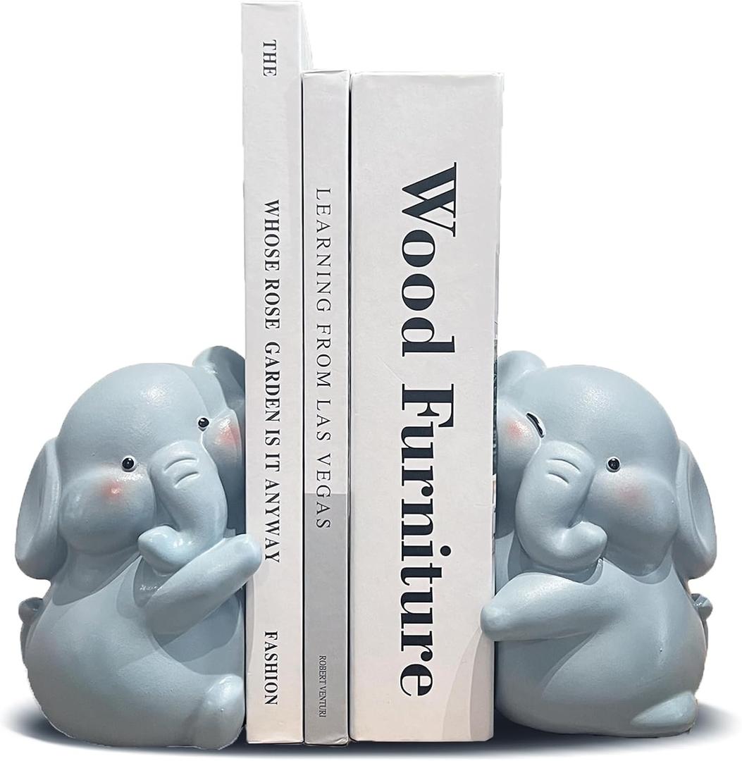 HINUGO Cute Elephant Bookends Decoration, Book Ends for Heavy Books, Book Holders for Shelves in Home Office Childrens Rooms Desk Bookshelf, Great Christmas Birthday Gift