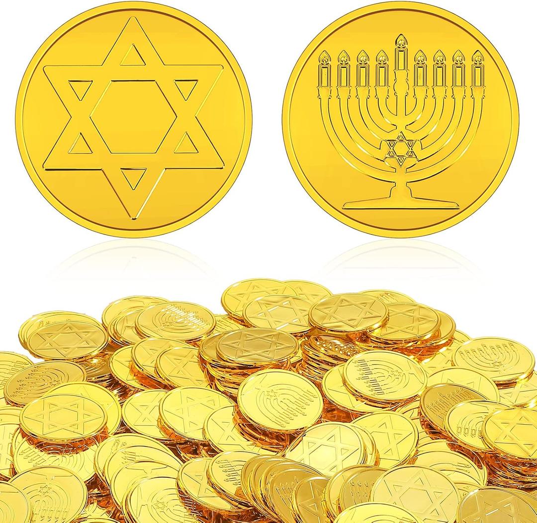 Yinkin 180 Pcs Hanukkah Gelt Coins for Hanukkah Activity Party Coins Treasure Hunt Coins for Game and Party Favors, 2 Styles(Gold)