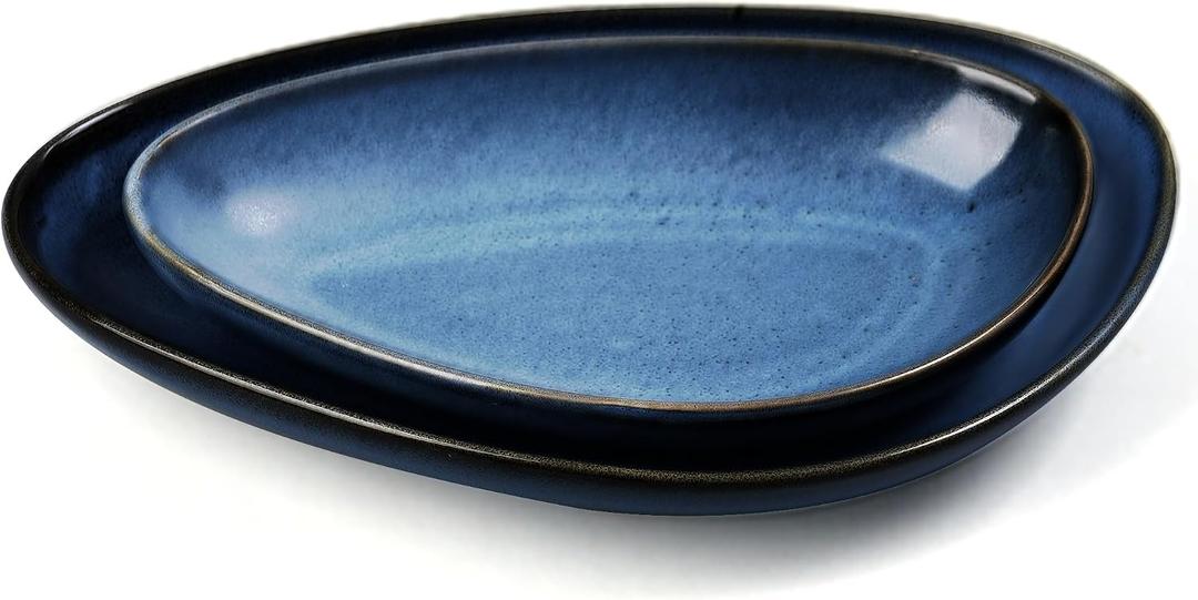 Big Dinner Plates Set of 2, Bread Serving Plates 9 Inch & 11 Inch, Dish Set for Kitchen - Dessert, Salad, Appetizer, Chinaware Plates, Dishwasher Safe (Reactive Blue)