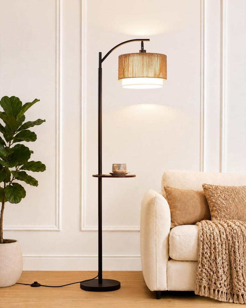 PESRAE Rattan Floor Lamp for Living Room, Farmhouse Arc Standing Lamp | Side Table with lamp, 3 Color Temperatures, Rattan & Fabric Lamp Shades, Boho Standing Lamp for Living Room, Bedroom Corner