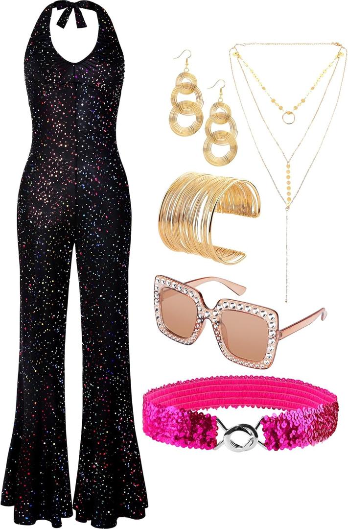 SOMSOC 70s Disco Jumpsuit Costumes Women Fashion Disco Accessories for Halloween Necklace Earrings Bracelet Glasses Belt (Small)