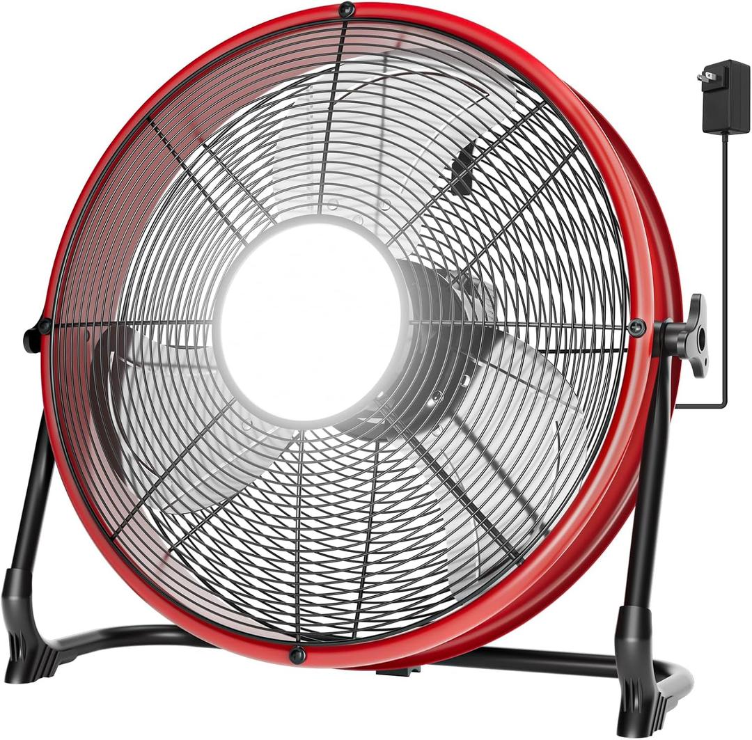 T-SUN 16" Battery Power Floor Fan Compatible with Milwaukee Battery, Outdoor Floor Fan with LED Light, Stepless Speed Cordless Fan, Metal High Velocity for Jobsite Outdoor Camping