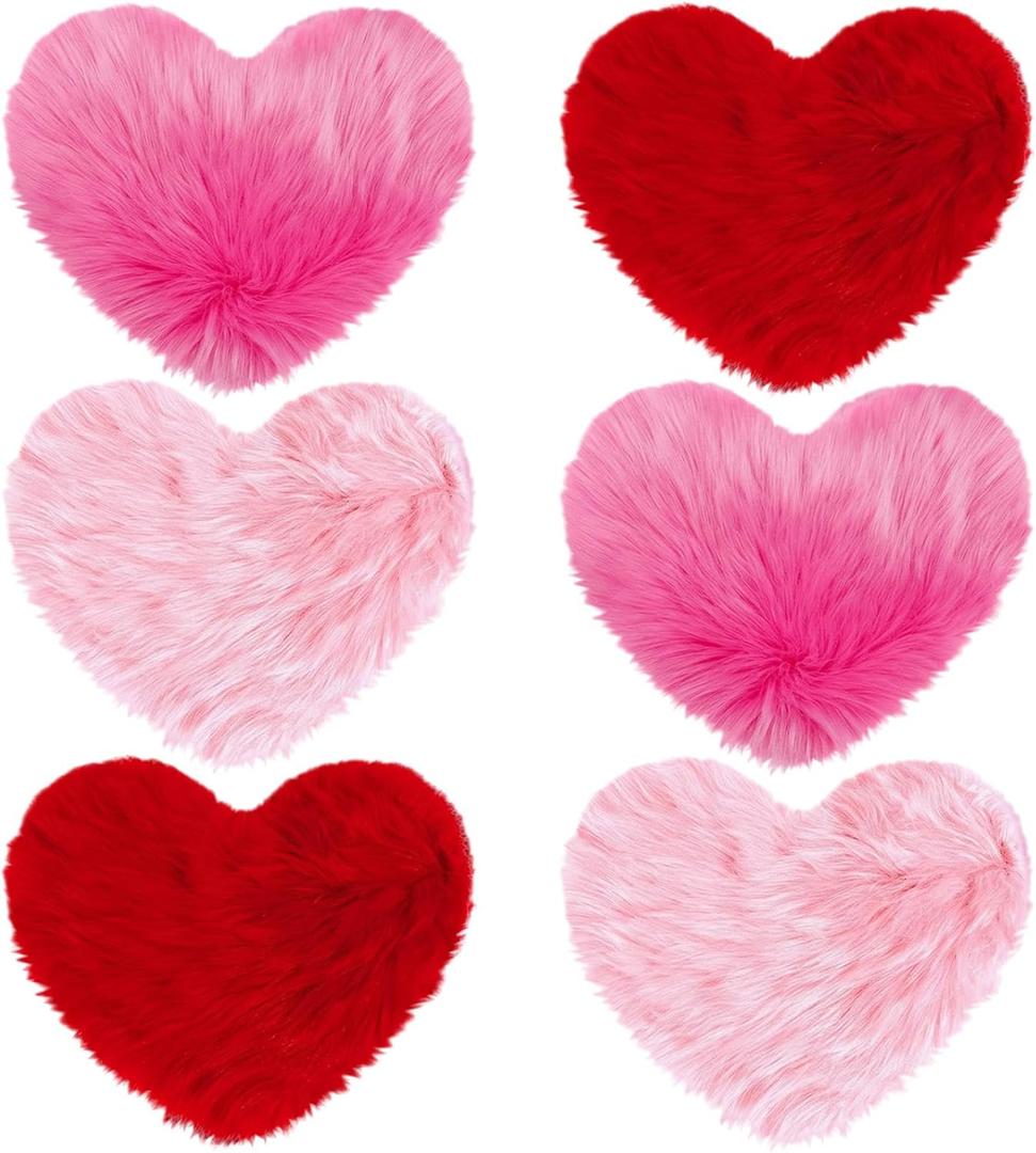 6 Pcs Valentine's Day Heart Shaped Rug for Bedroom Fluffy Faux Fur Rugs Shaggy Floor Mat Valentines Day Bathroom Decor Non Slip Bath Mat 13 x 16 Inch Small Red Pink Doormat for Classroom Home