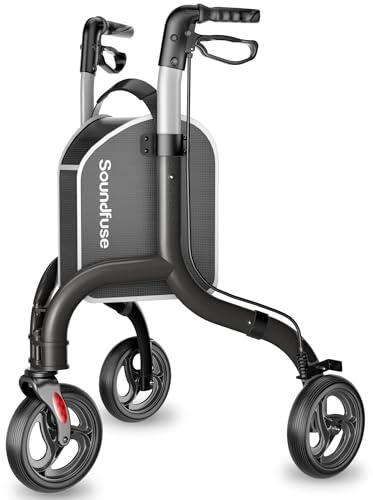 Soundfuse 3 Wheel Walkers for Seniors, Lightweight Foldable Aluminum Rollator Walker, Height Adjustable Three Wheel Walker, Black