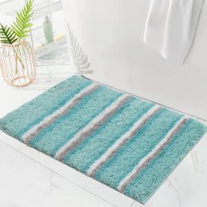 Water-Absorbent & Machine Washable Bathroom Rugs Non Slip Backing, Size: 17"X24" | Thick Plush Luxurious Shaggy Mat with Cushioned Feel Underfoot, Striped Pattern Aqua Blue Color