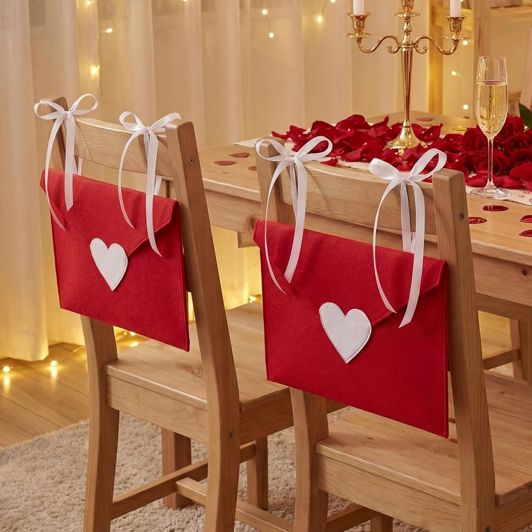 Moukeren 4 Pcs Valentine's Day Chair Back Cover Red Sweet Love Heart Dining Chair Cover with Pockets Tie Straps for Valentine's Day Wedding Party Decor