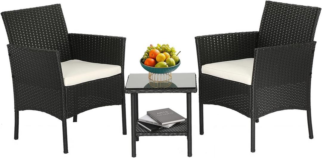 FDW Wicker Outdoor Furniture Patio Furniture Set of 3 Rattan Patio Chairs Outdoor Chairs Patio Conversation Set with Coffee Table for Yard Backyard Lawn Porch Poolside Balcony,Black (Black and Beige)