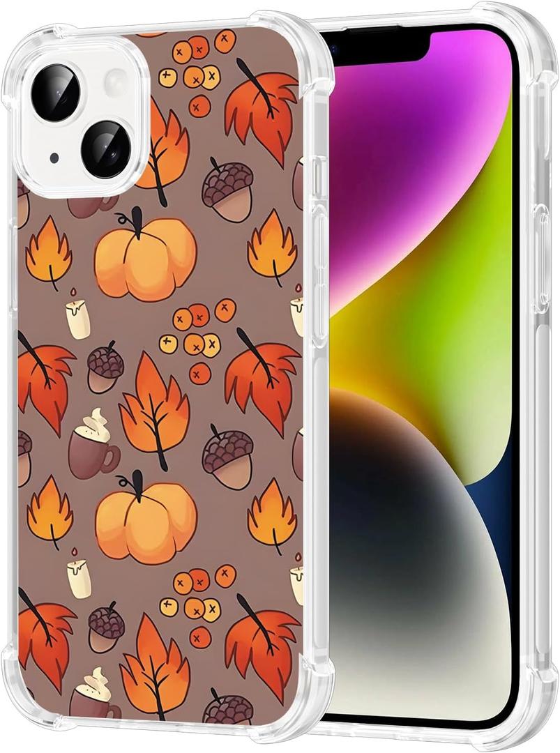 Fall Phone Case for iPhone 14 Plus Cute Clear Autumn Pumpkin Leaves Acorns Case 6.7", Aesthetic Halloween Pattern Print Design Cover Shockproof TPU Hard PC Back Protection Girls Women Funda