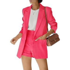 Women's 2 Piece Open Front Long Sleeve Blazer and Solid Short Pants Suit Sets, S