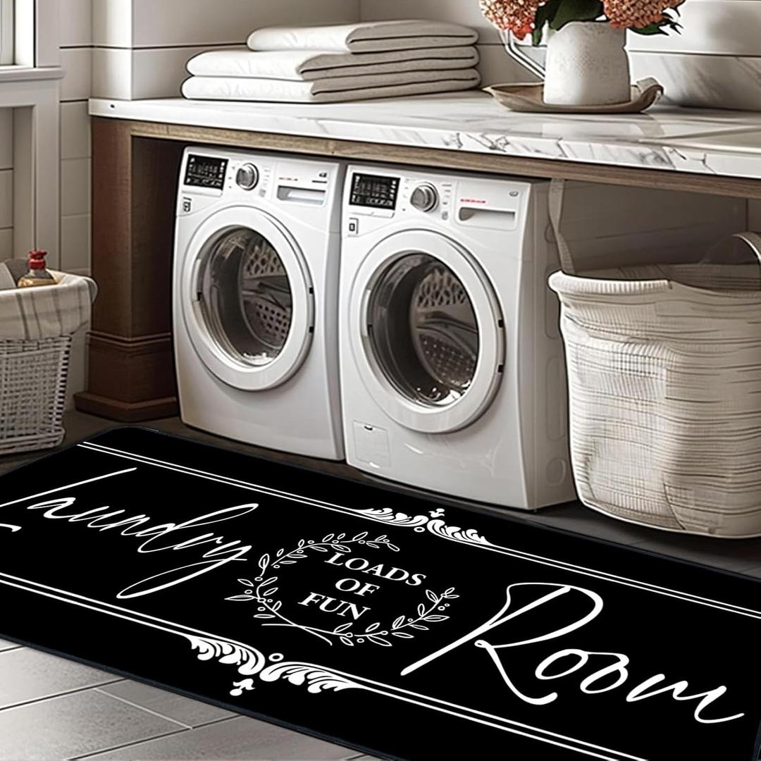 Laundry Room Rug Runner Non Slip Farmhouse Mats Organization and Washable Floor Long Rugs for Laundry Room Accessories Mudroom Kitchen Bathroom Area Rugs Decor, 2' x 6' Black