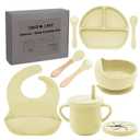 100% Silicone Baby Feeding Set,BPA Free Baby Dishes Set with Suction Bowl Divided Plate,Toddler Self Feeding Dish Set with Spoons Forks Sippy Cup and Bib, Baby Eating Utensils (Yellow)