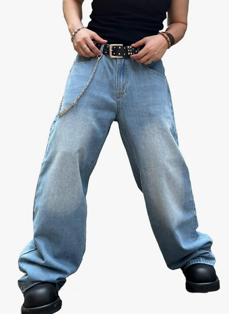 Men's Baggy Hip Hop Jeans Wide Leg Skater Denim Pants Casual Loose Fit Long Trousers Streetwear Large