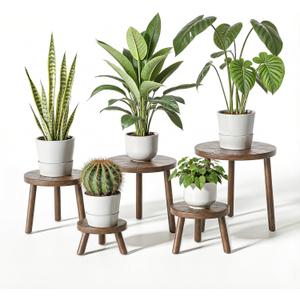 Delma Wood Plant Stands Indoor, 5-Pack Single Plant Stand for 6-12 Inch Pots, Mid-Century Modern Plant Stool, Tall Plant Stand for Large Plants for Living Room, Balcony, Office (Dark Brown, 5-Pack)