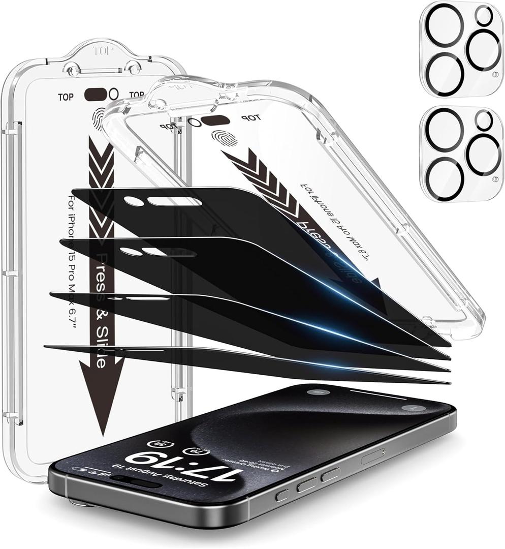 EZ-GLAZ 4-Pack for iPhone 15 Pro Max Privacy Screen Protector [6.7"] with Flawless Fit Kit + 2-Pack Camera Lens Protector, 15-Second Bubble-Free Installation, 9H Hardness, 12FT Military Grade Shatterproof, Scratch Resistant, Tempered Glass