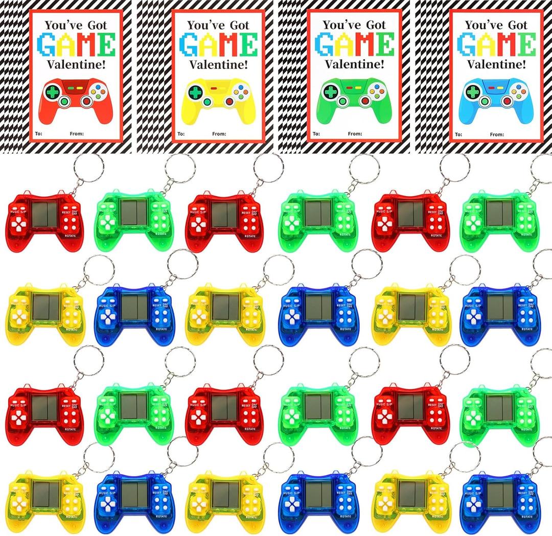 LiYiQ 24 PCS Valentines Day Gifts Cards with Video Game Keychain for Classroom, Video Games Keychains with Gift Cards, Valentine Stuffers Classroom Exchange Party Favors Gift
