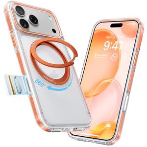 TORRAS 360 Magnetic Stand for iPhone 17 Pro Max Case, [Fit for MagSafe] [4X Military-Grade Protection] Slim Case for iPhone 17 Pro Max 6.9" 2025, Clear-Orange, Ostand O3 Fitness Series