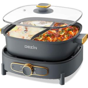 Dezin Hot Pot Electric with Divider, 5.5L Double-Flavor Electric Shabu Shabu Pot, Removable Non-Stick Dual Sided Electric Cooker, 3" Depth Divided Pot with Multi-Power Control, 2 Silicone Ladles (Grey)