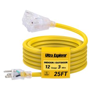 Ultra Explorer 25 Ft Lighted Outdoor Extension Cord with 3 Electrical Power Outlets - 12/ 3 SJTW Heavy Duty Yellow Extension Cable with 3 Prong Grounded Plug for Safety, UL Listed