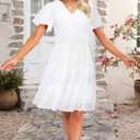 Zattcas Women 2026 Sping Summer Dress V Neck Smocked Waist Casual Flowy A Line Tiered Work Knee Length Dresses (White, L)