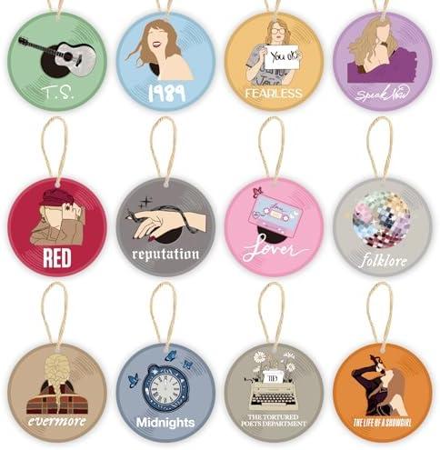 12 Pcs Christmas Tree Ornaments, Holiday Wooden Ornaments for TS Fans, Cute Xmas Home Wall Hanging Decor Christmas Party Supplies, Singer Merch White Elephant Gifts for Women Girls Friends