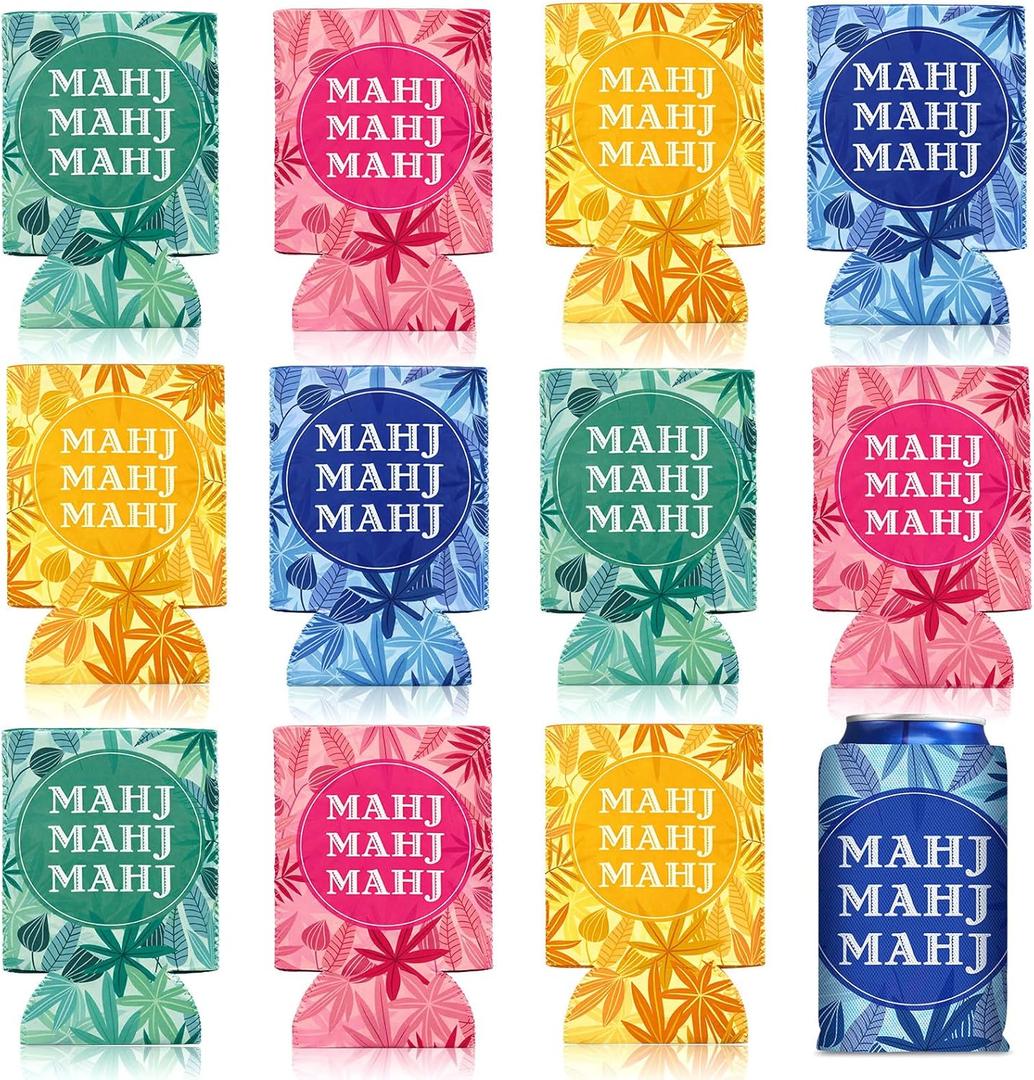 12 Pcs Mahjong Party Can Coolers Bulk Can Cooler Sleeves Insulated Neoprene Bottle Drink Holders Soft Cover Gifts Mahjong Party Decorations Supplies for Soda Beverage Women Men