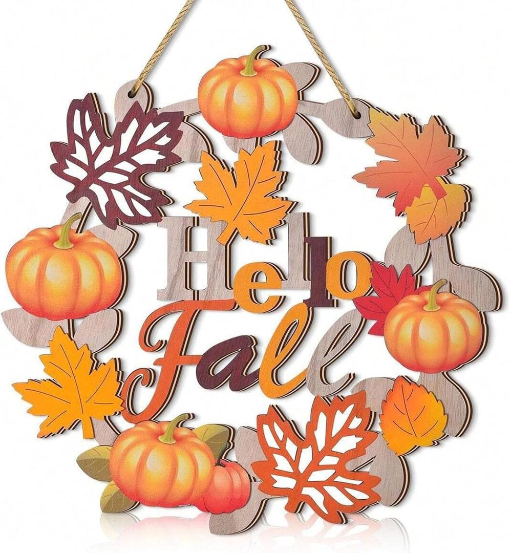 Soochat Hello Fall Wreaths, Fall Door Wreath, Wooden Fall Door Sign Hanging Pumpkin Maple Leaf Wreath with Autumn Sign for Thanksgiving Fall Harvest Outdoor Indoor Party Decor