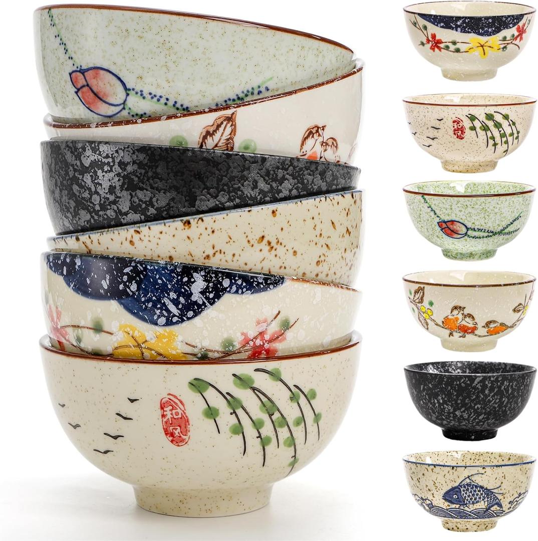 6 Pack Retro Ceramic Bowls, 4.5 Inch Japanese Rice Bowl, 10 Oz Small Soup Serving Set Hand-painted Cereal Holder for Salad, Dessert, Ice Cream, Noodles, Dishwasher Microwave Safe, Standard