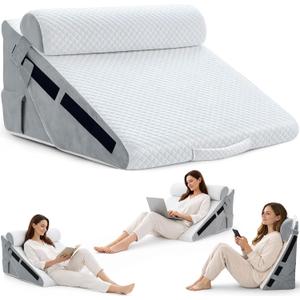 URBANELLO 3pcs Adjustable Wedge Pillow Set for After Surgery, Orthopedic Pillow for Acid Reflux, Snoring & Sleeping Problems – 10-in-1 Memory Foam Bed Wedge for Neck & Back Support, White & Grey