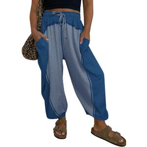 Fisoew Womens Baggy Wide Leg Harem Barrel Pants Casual Elastic Waist Drawstring Color Block Workout Track Pants with Pockets (Large, Navy)