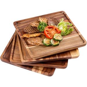 OMISTAR 4PCS Acacia Wooden Plates, 10 Square Wood Plate Set, Wooden Plates for Food, Wood Serving Trays Platter Charcuterie Board for Food Vegetable, Charcuterie, Appetizer